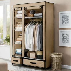 Portable Fabric Storage Wardrobe with Drawers and Hanging Bar