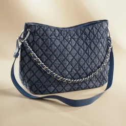 Quilted Denim Hobo Bag – Diamond-Stitch Shoulder Purse with Chain and Crossbody Strap for Women