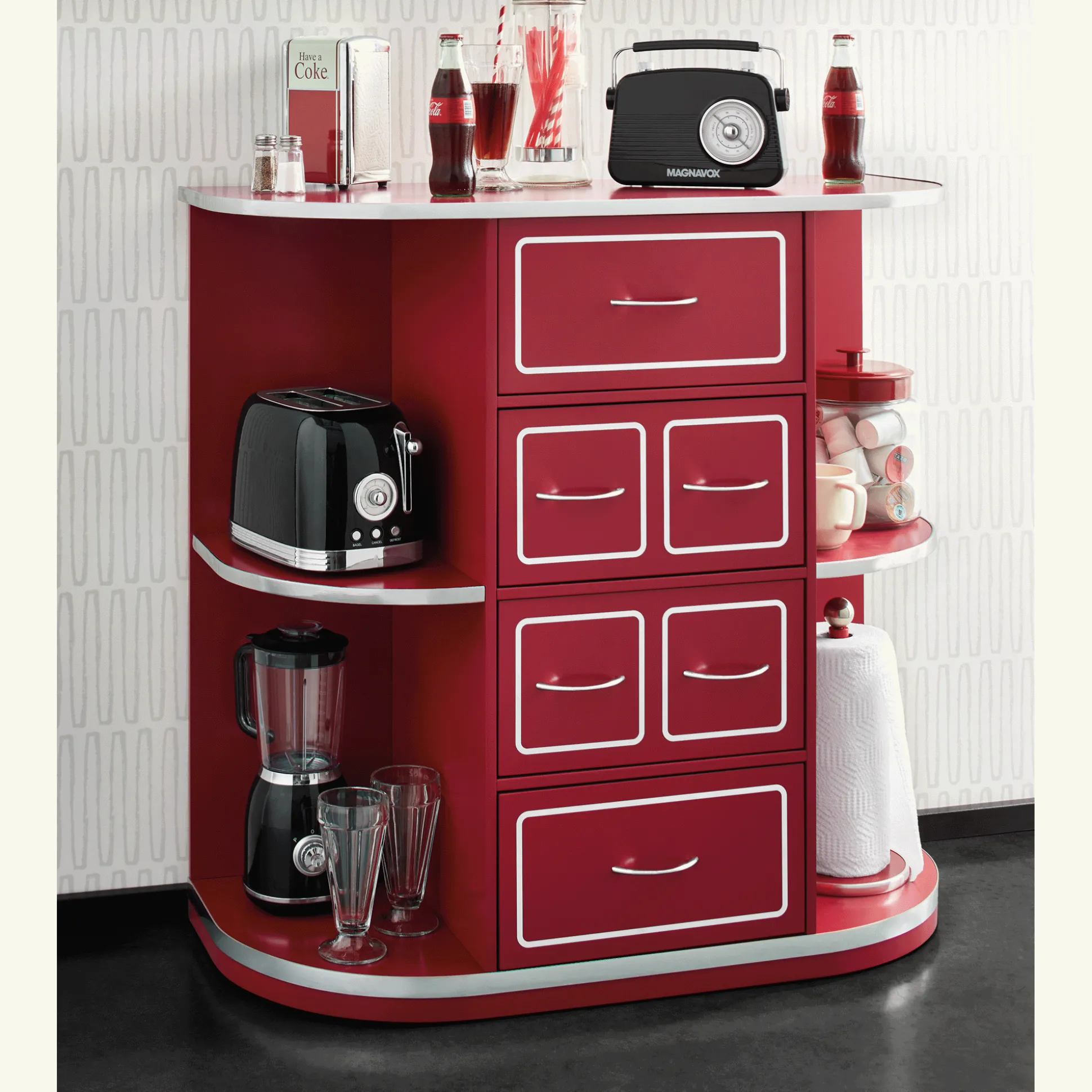 Retro Red Kitchen Cabinet with Chrome Accents