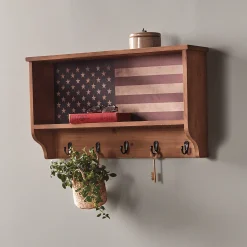 Rustic American Flag Shelf with Hooks