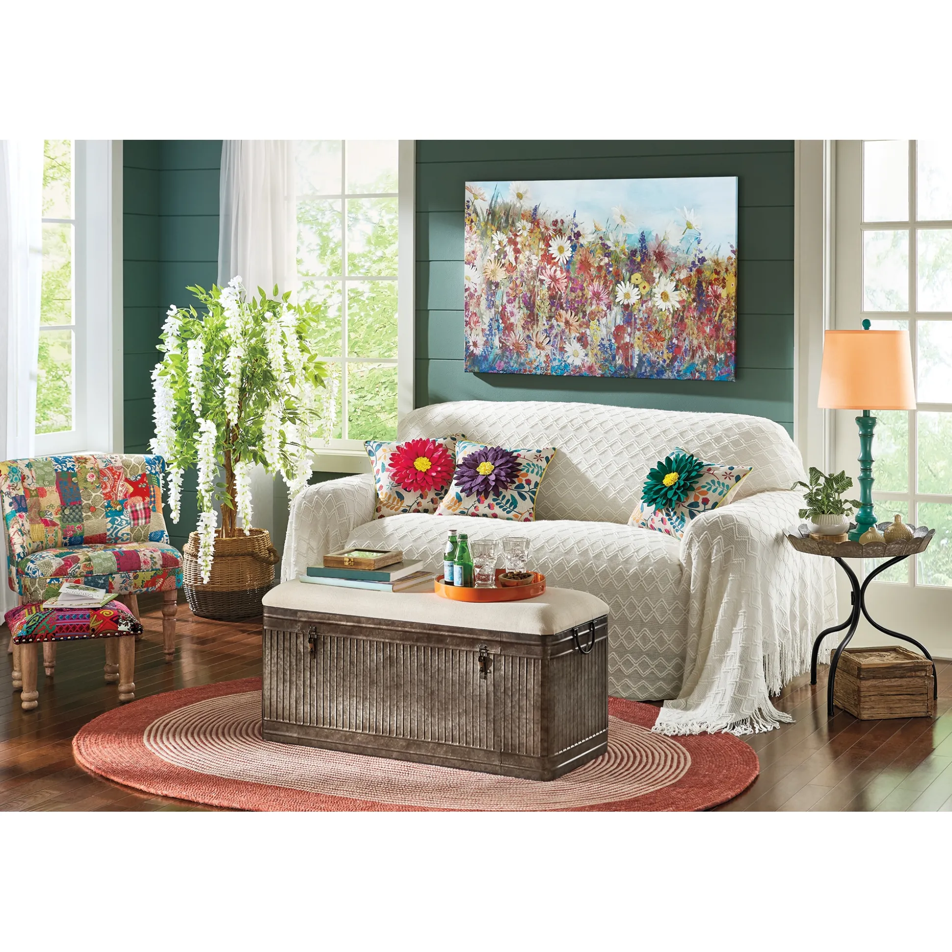 Rustic Galvanized Storage Bench with Upholstered Seat