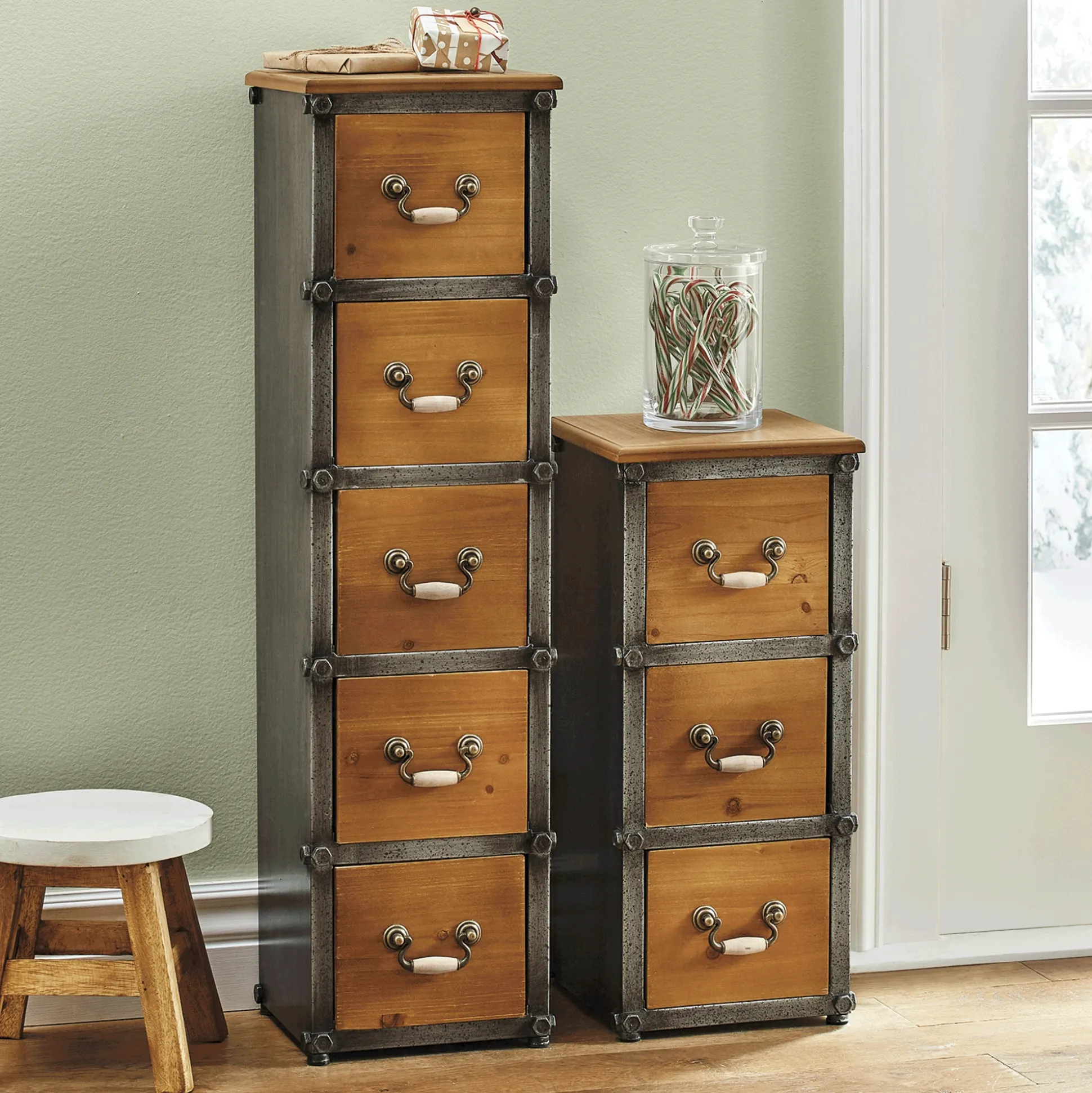 Rustic Vertical Storage Cabinet with Drawers and Iron Frame