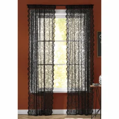 Salem Black Sheer Lace Jacquard Window Panel with Scalloped Edges