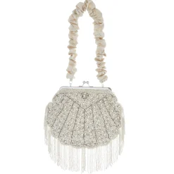 Seashell-Shaped Faux-Pearl & Rhinestone Evening Bag with Beaded Fringe for Women
