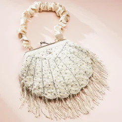 Seashell-Shaped Faux-Pearl & Rhinestone Evening Bag with Beaded Fringe for Women