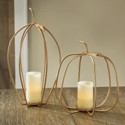 Set of 2 Candlelit Goldtone Pumpkins