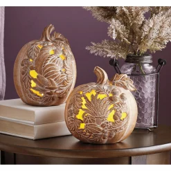 Set of 2 Carved-Look Pumpkins