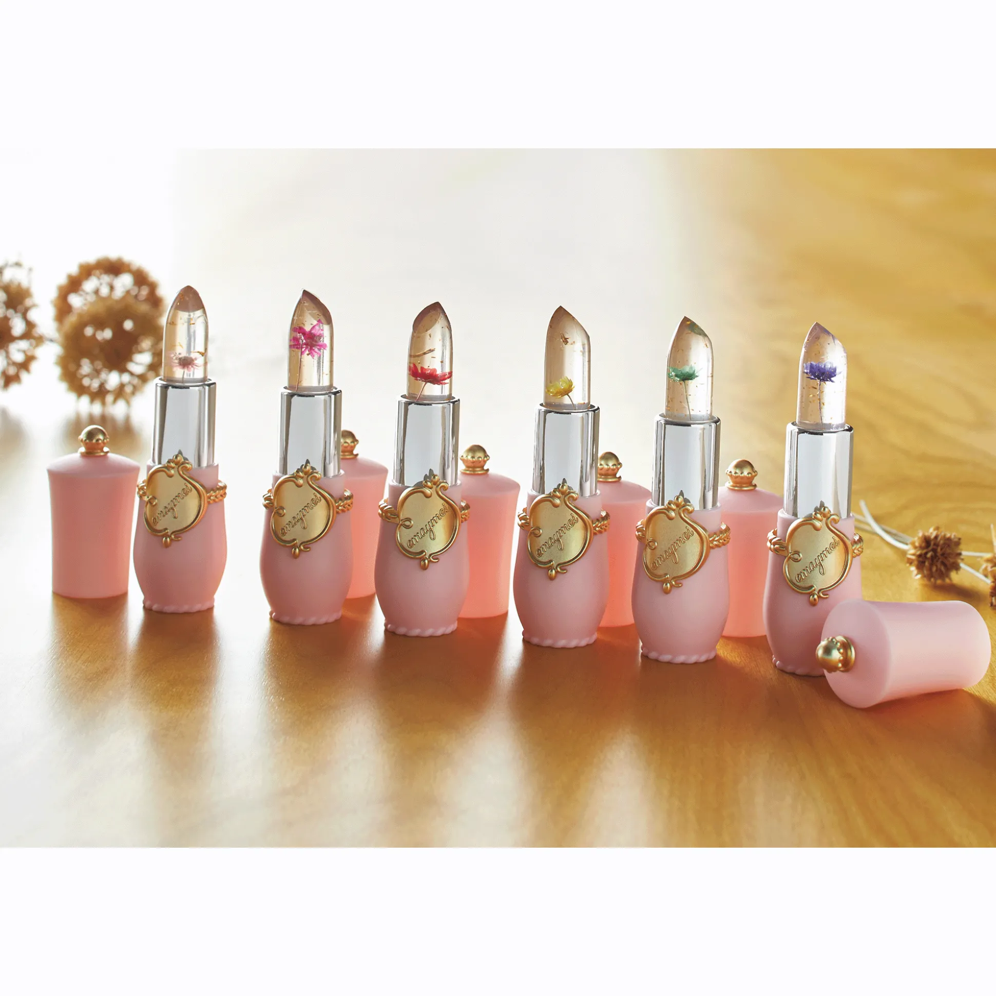Set of 6 Color-Changing Jelly Lipsticks with Real Flowers and Golden Flakes