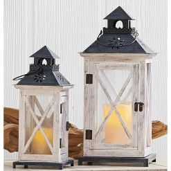 Set of 2 Distressed Wooden Lanterns