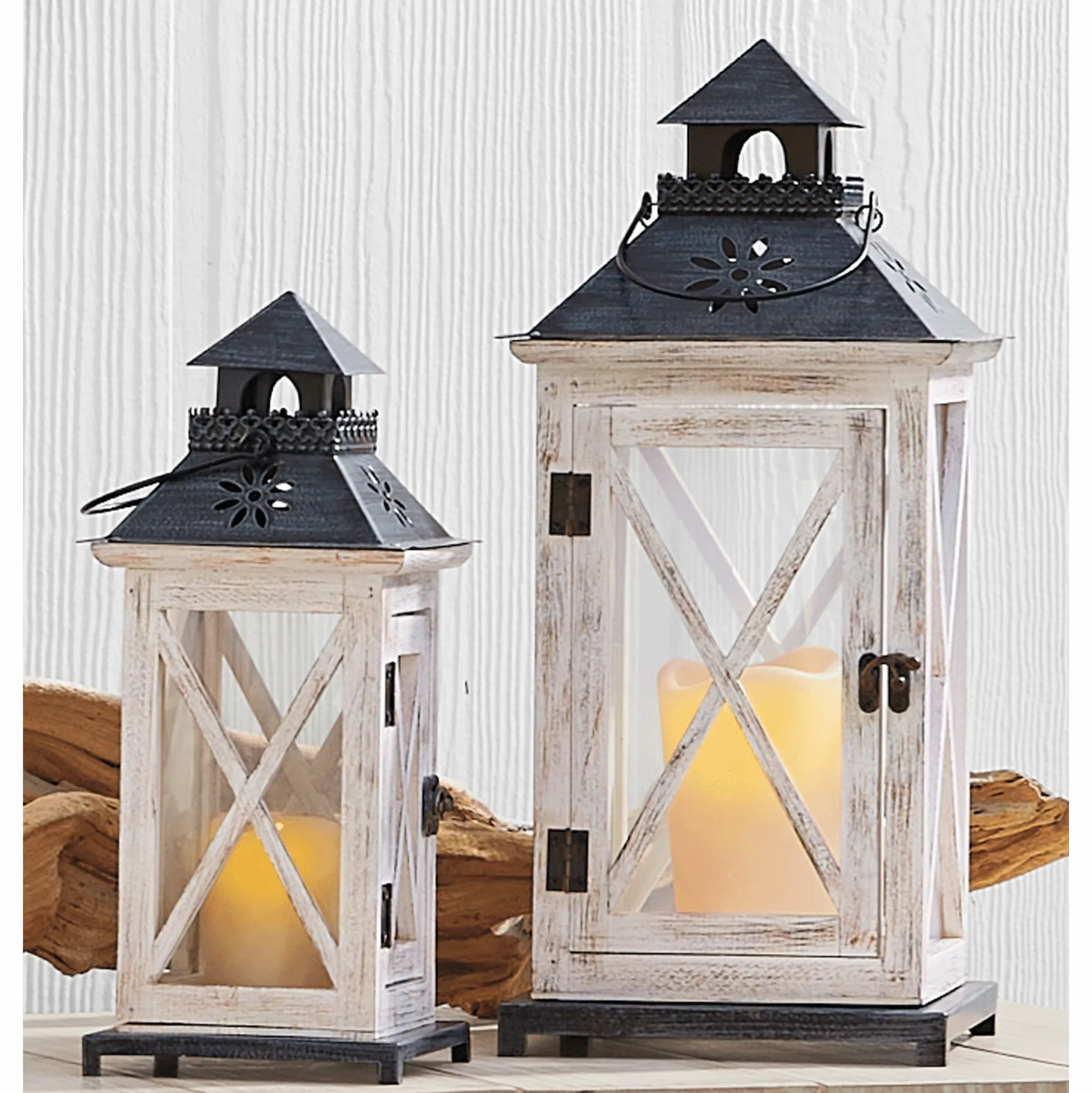 Set of 2 Distressed Wooden Lanterns