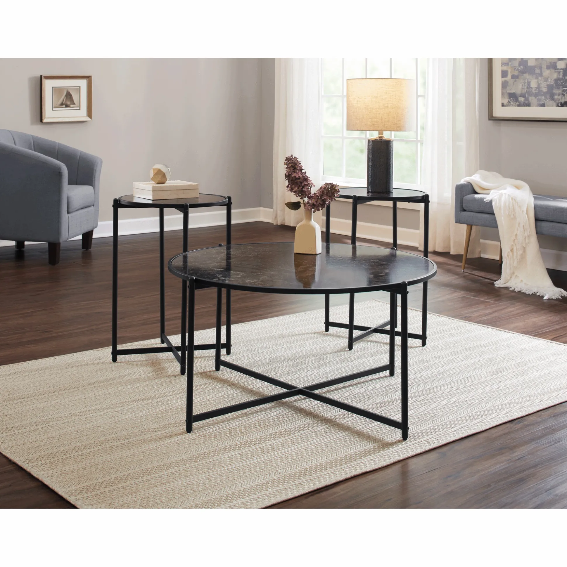Set of 3 Faux-Marble Tables