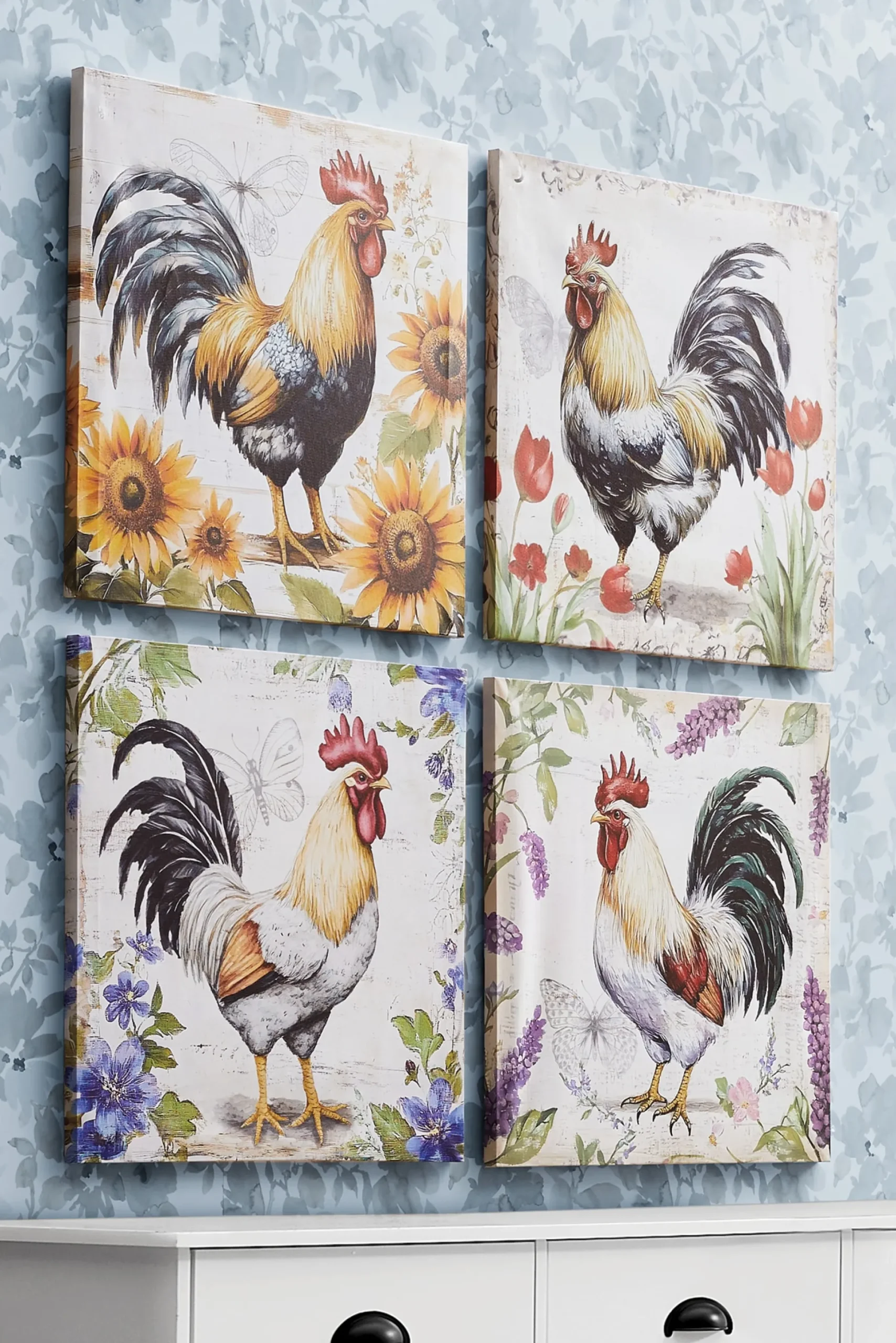 Set of 4 Floral Rooster Wall Art