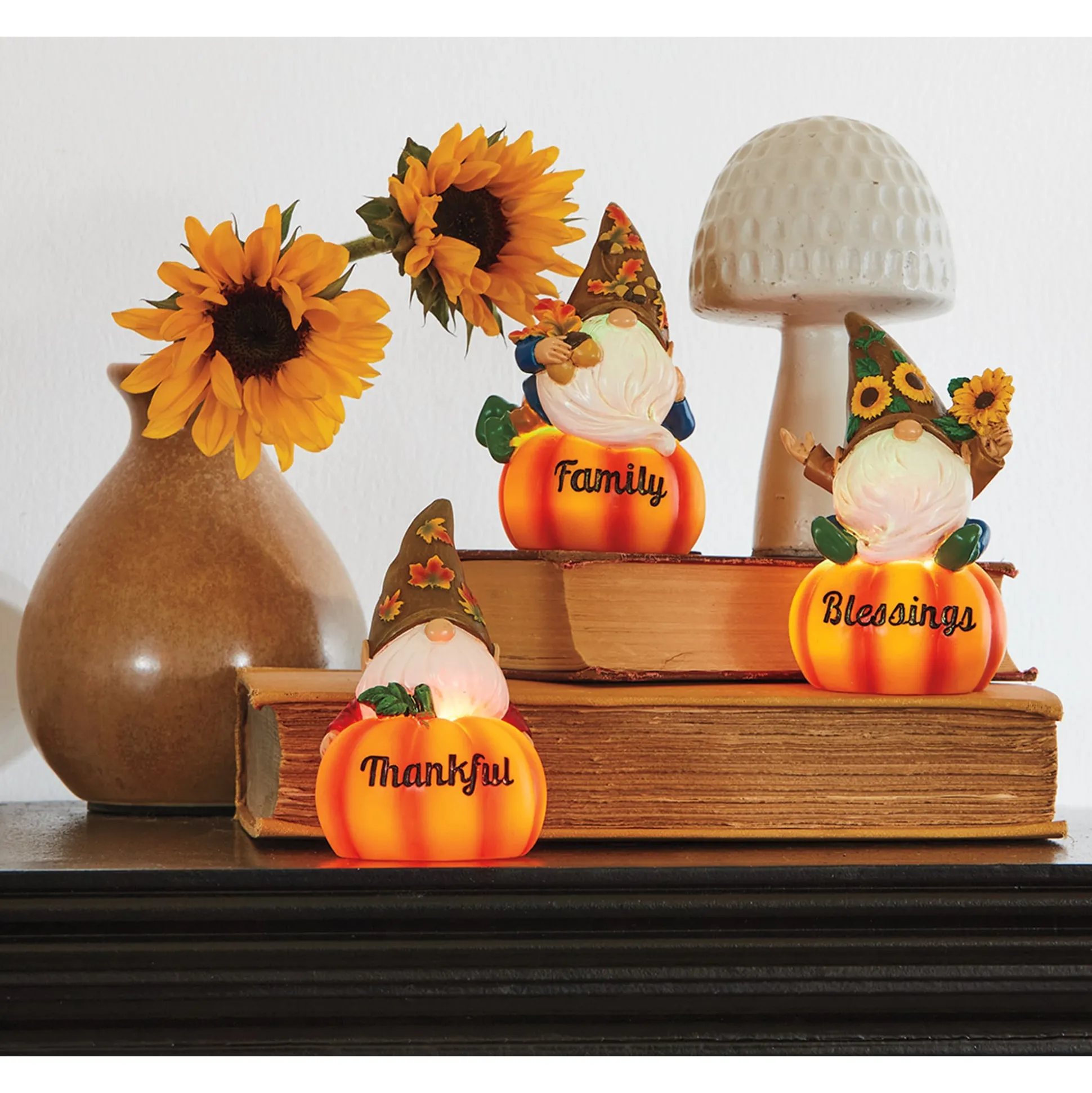 Set Of 3 Gnomes On Lit Pumpkins