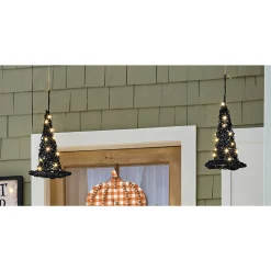 Set of 2 Hanging Lit Grapevine Witch Hats