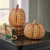 Set of 2 LED Lit Cane-Style Resin Pumpkins with Timer