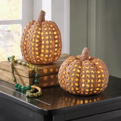 Set of 2 LED Lit Cane-Style Resin Pumpkins with Timer