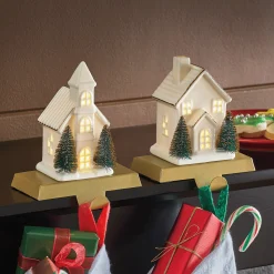 Set of 2 Lit Christmas Village Stocking Holders