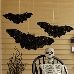 Set of 3 Lit Woven-Rattan Bats