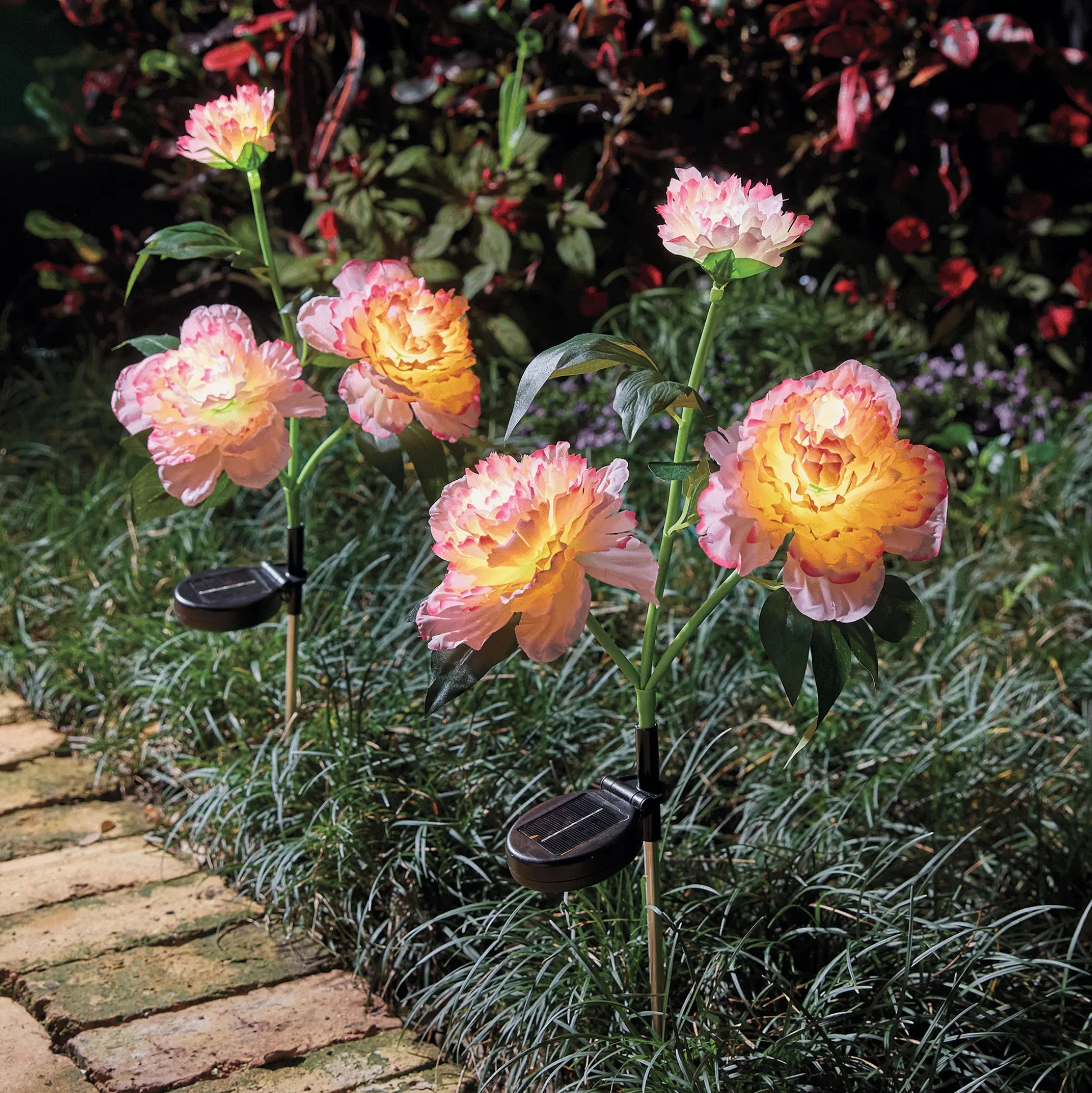 Set of 2 Peach-Colored Solar Flower Stakes