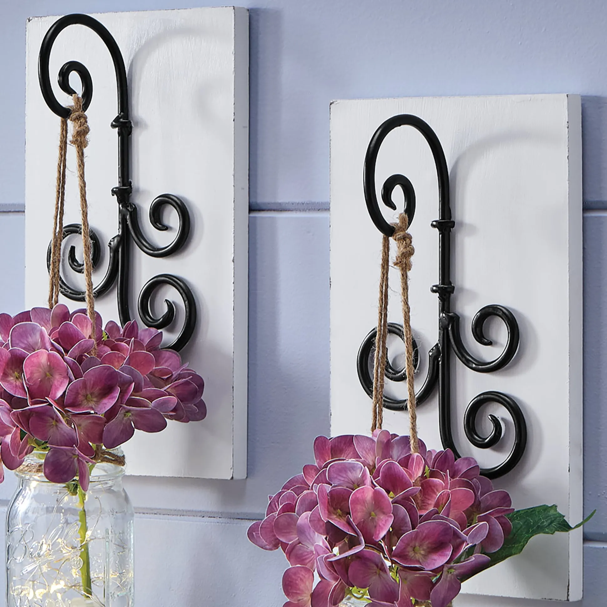 Set of 2 Scroll Wall Hooks and Set of 2 Lit Hanging Hydrangea in Jar - Buy Both & Save