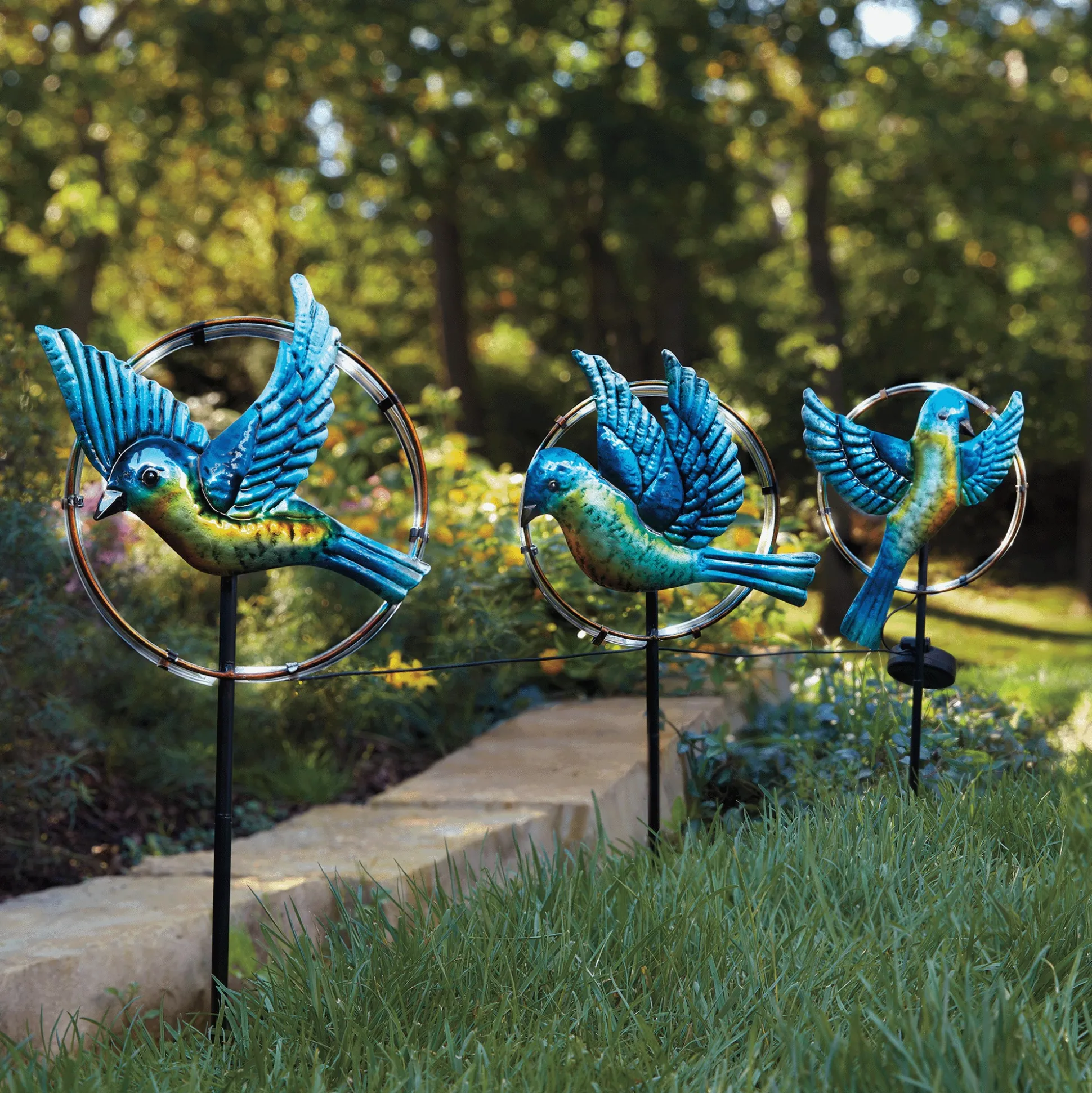 Set of 3 Solar Bluebird Ring Stakes