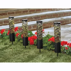 Set of 4 Solar Leaf Garden Pillars