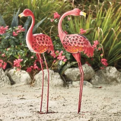 Set of 2 Solar Pink Flamingo Statues