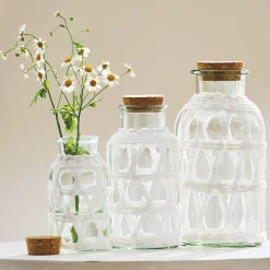 Set of 3 White Lattice-Wrapped Decorative Jars