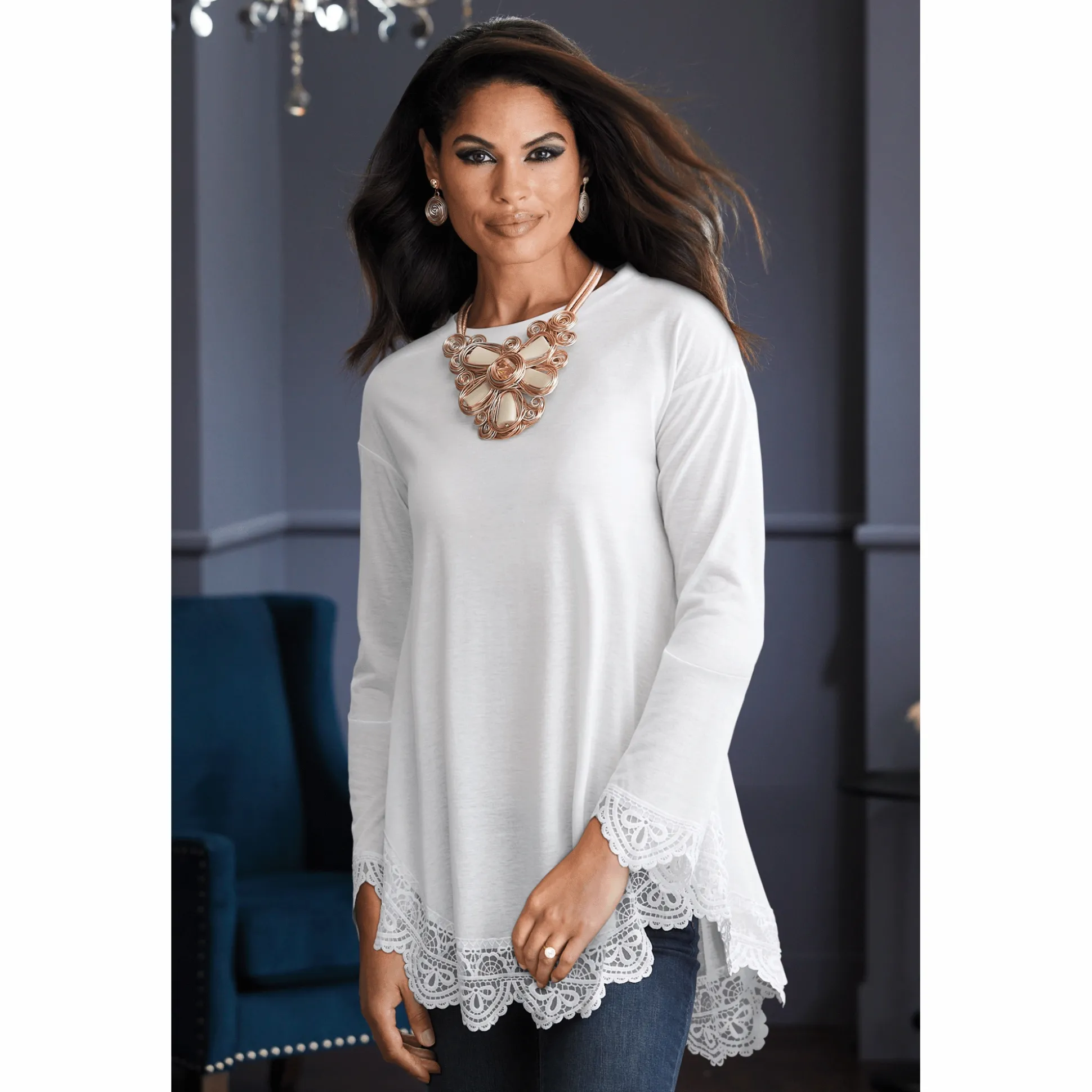 Shania Long-Sleeve Tunic with Scalloped Crochet Edges