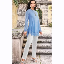 Shania Long-Sleeve Tunic with Scalloped Crochet Edges