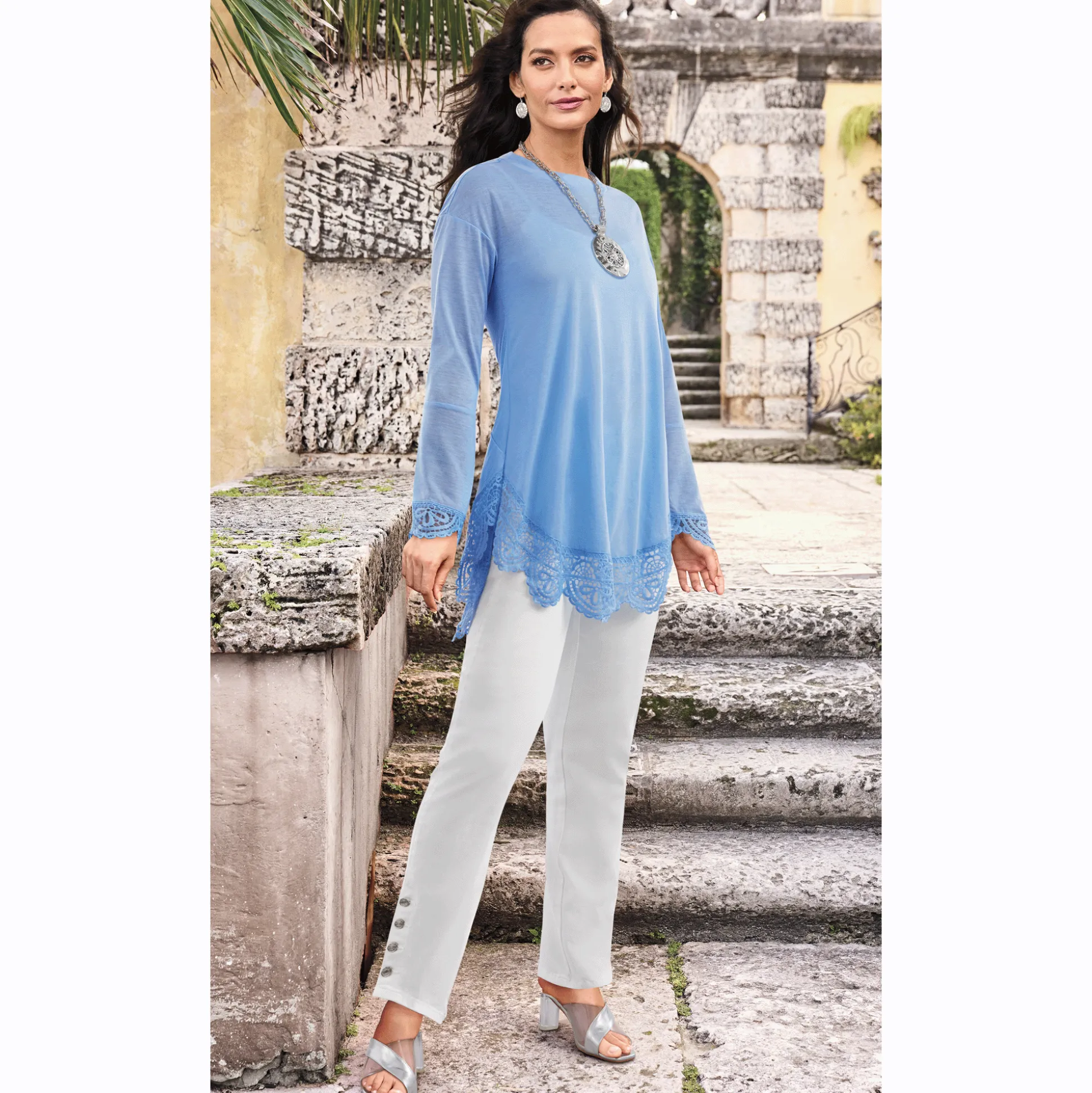 Shania Long-Sleeve Tunic with Scalloped Crochet Edges
