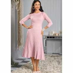 Shimmer Rib Women's Sweater Dress with Pleated Flared Skirt