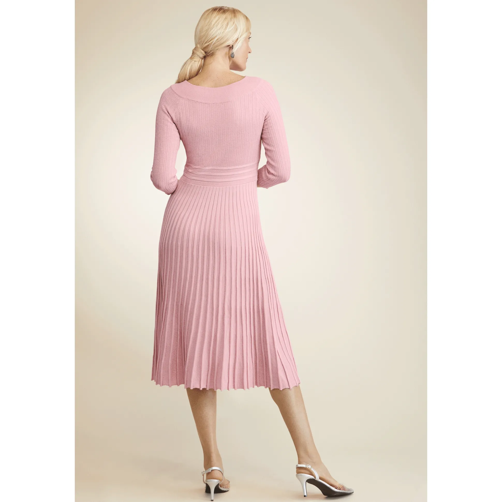 Shimmer Rib Women's Sweater Dress with Pleated Flared Skirt