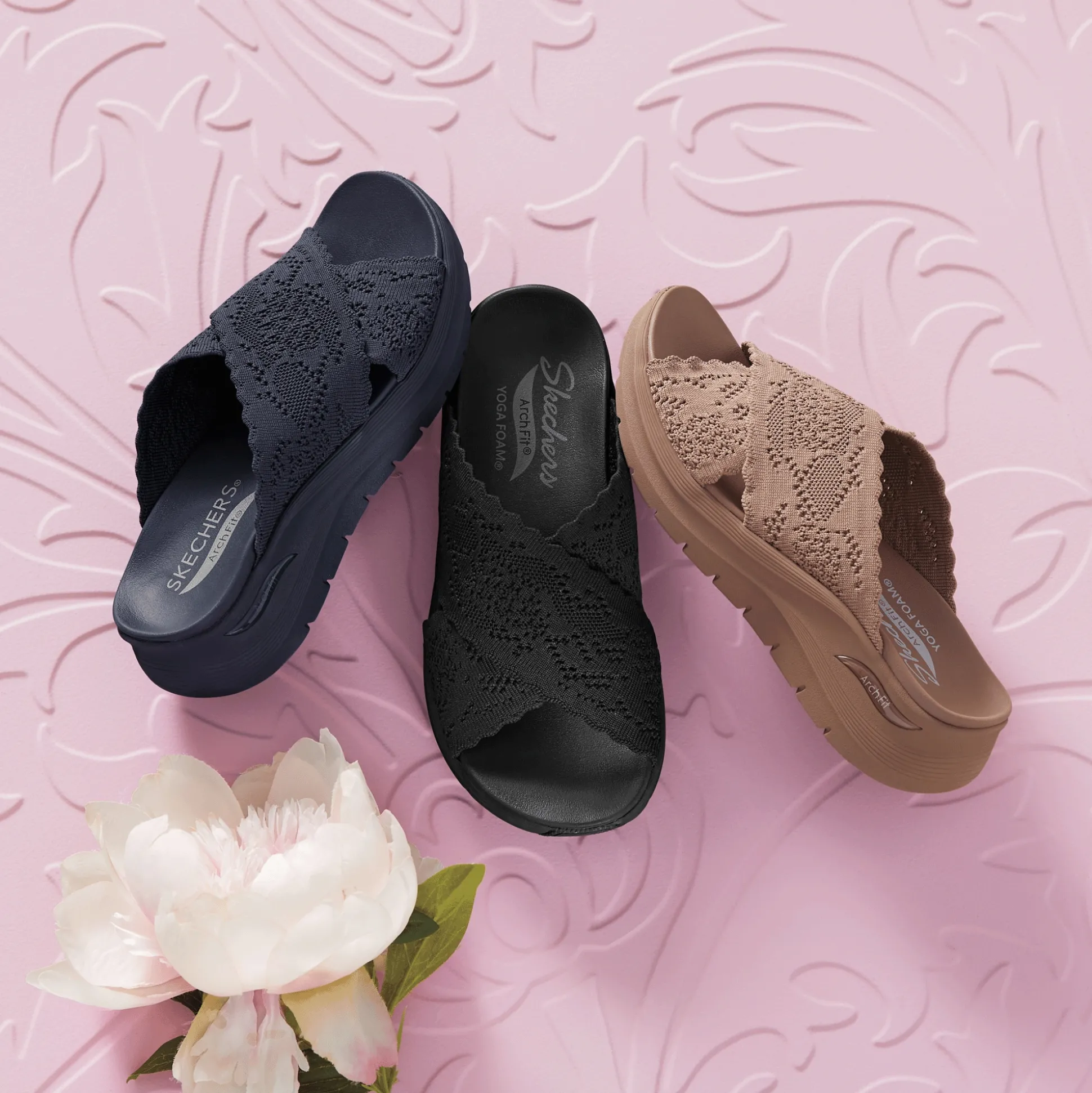 Skechers Arch Fit Slide with Feminine Crisscross Straps