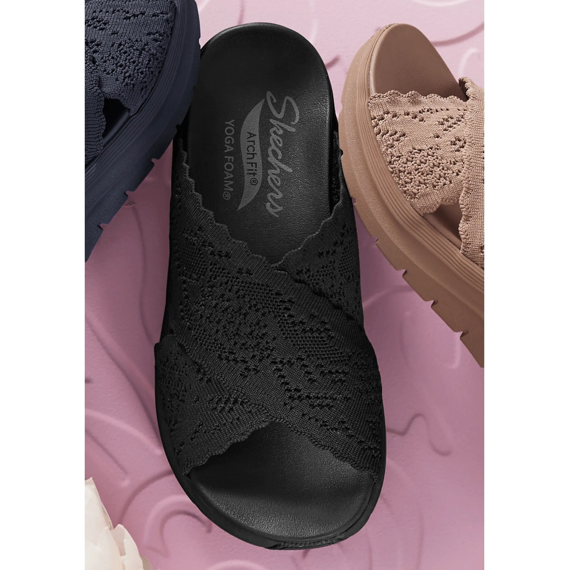 Skechers Arch Fit Slide with Feminine Crisscross Straps