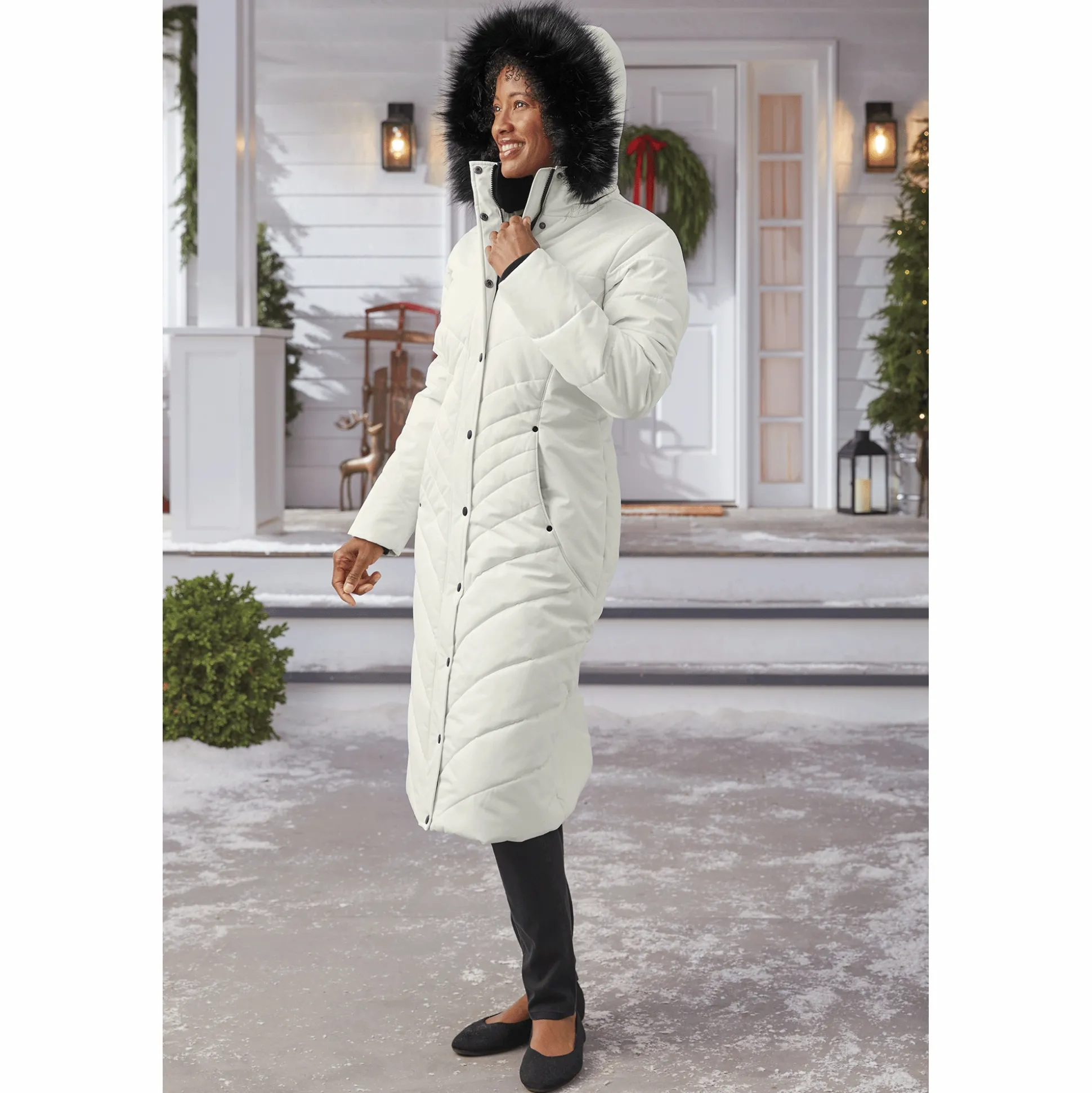 Snowfall Quilted Puffer Duffle Coat with Removable Faux-Fur and Hood
