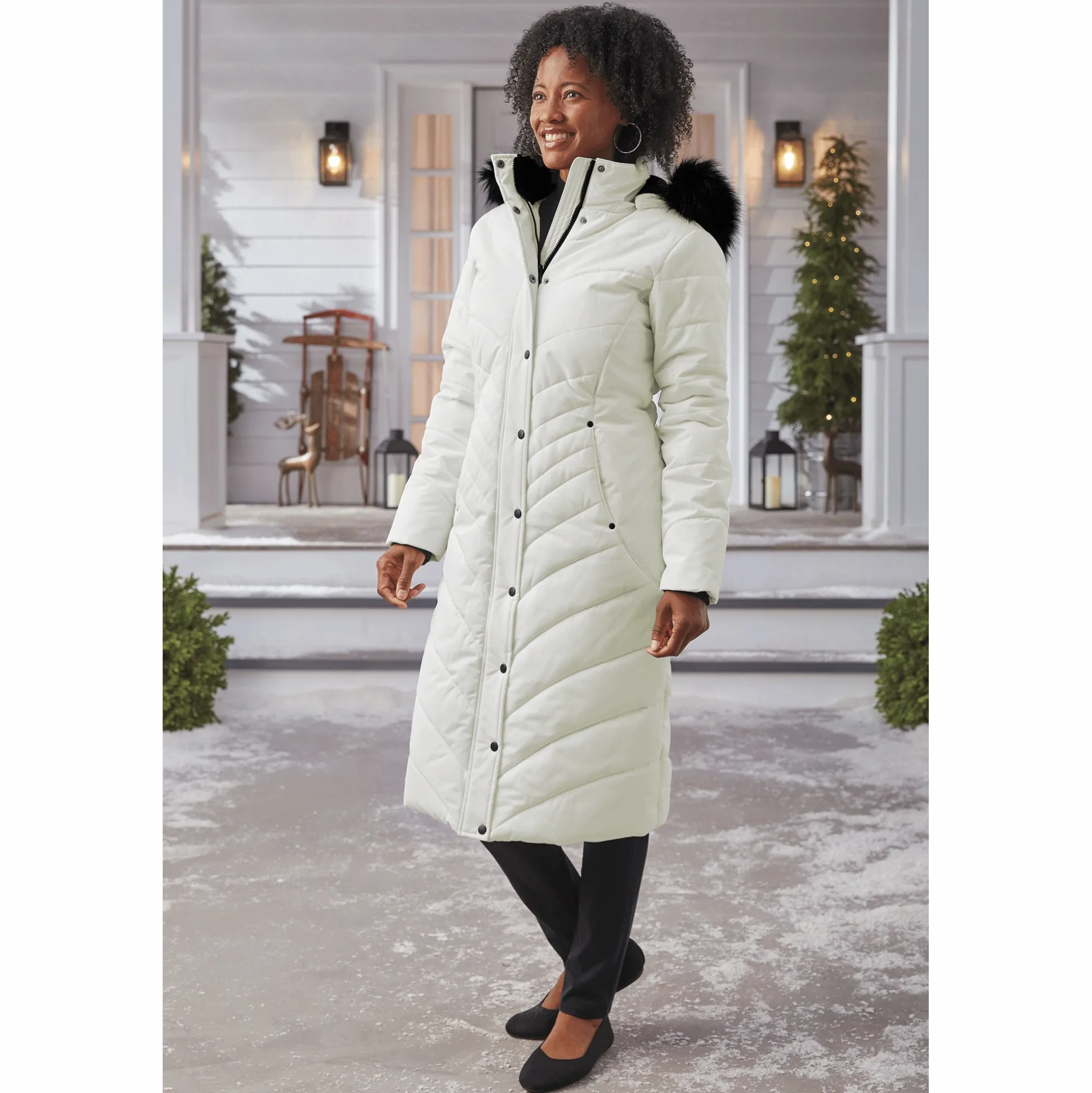 Snowfall Quilted Puffer Duffle Coat with Removable Faux-Fur and Hood