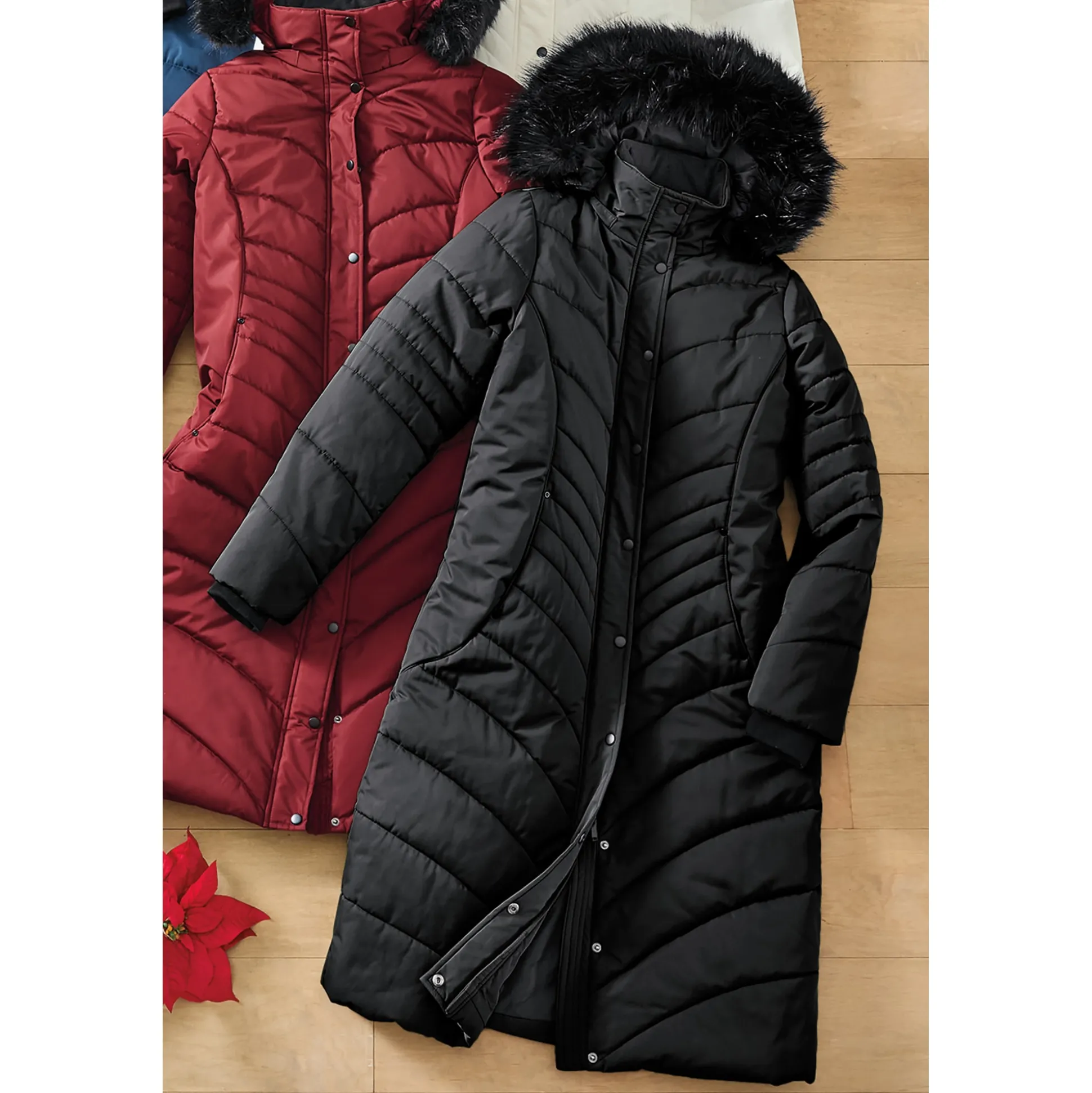 Snowfall Quilted Puffer Duffle Coat with Removable Faux-Fur and Hood