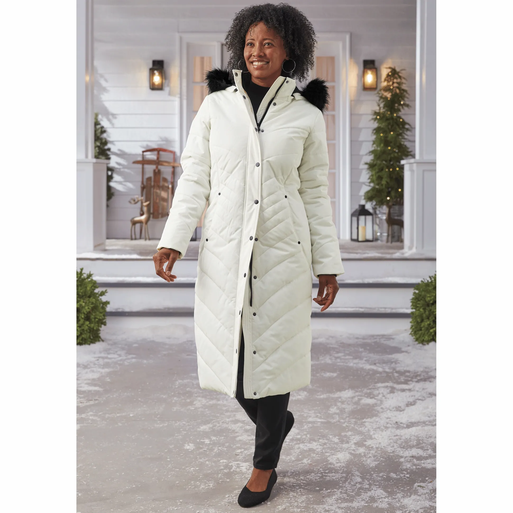 Snowfall Quilted Puffer Duffle Coat with Removable Faux-Fur and Hood