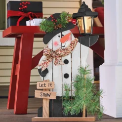 Solar Chunky Wood Cutouts Snowman Outdoor Décor with Lantern