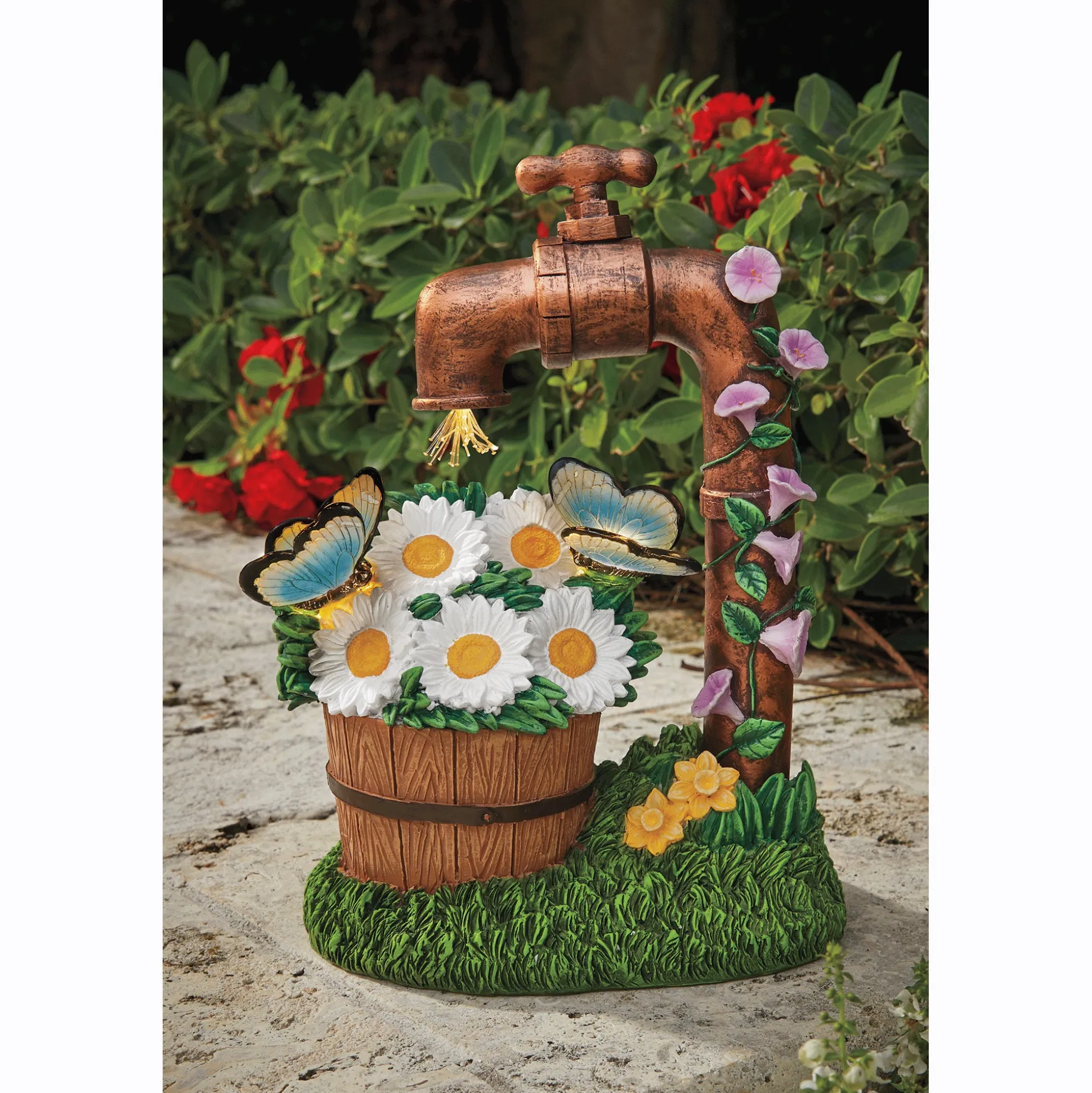 Solar Water Faucet and Flowers in Pot Statue
