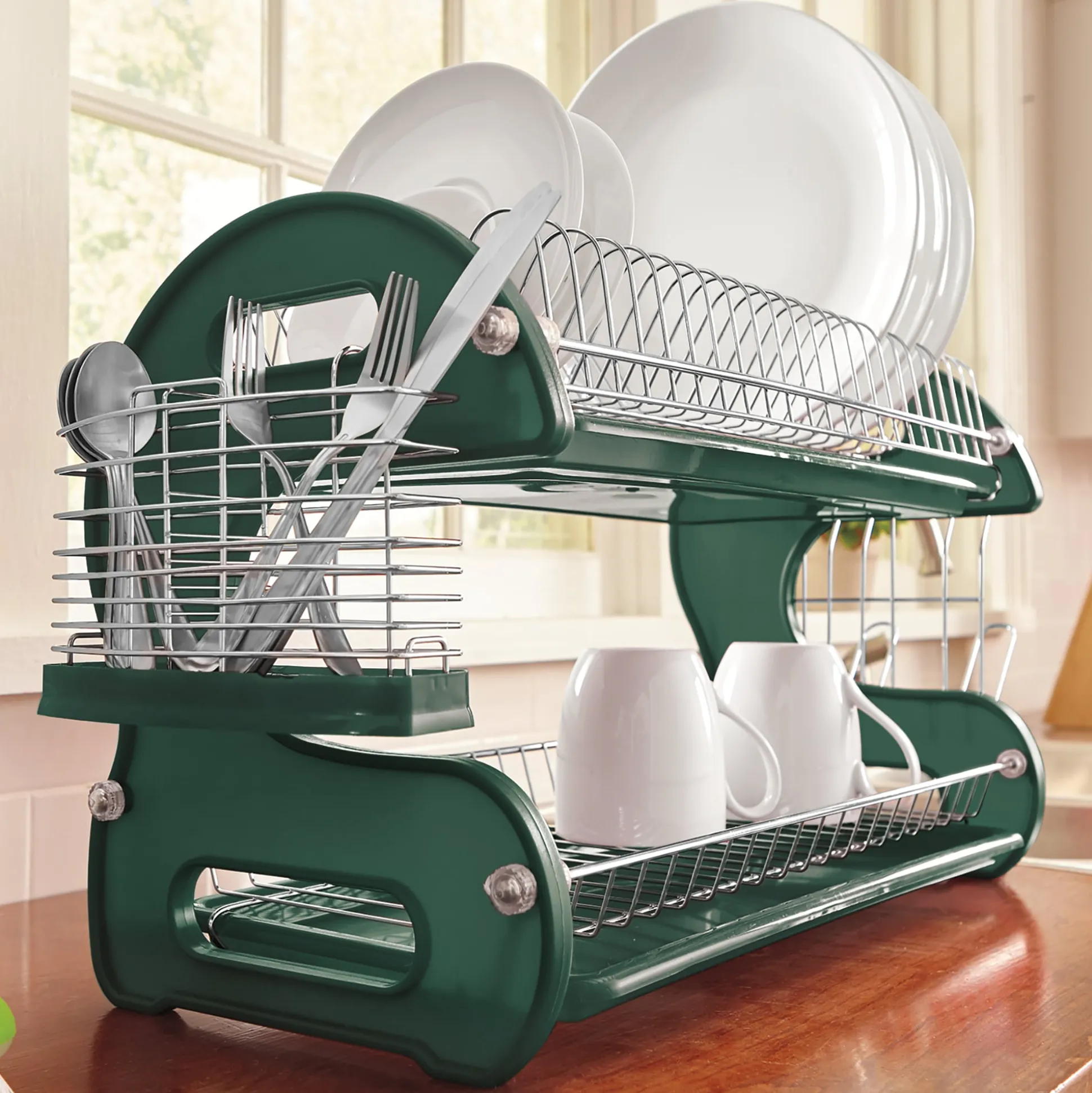 Space-Saving 2-Tier Dish Drying Rack with Utensil Holder