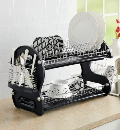 Space-Saving 2-Tier Dish Drying Rack with Utensil Holder