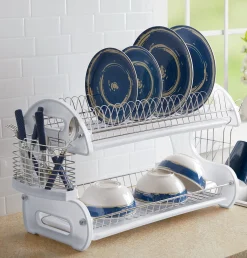 Space-Saving 2-Tier Dish Drying Rack with Utensil Holder