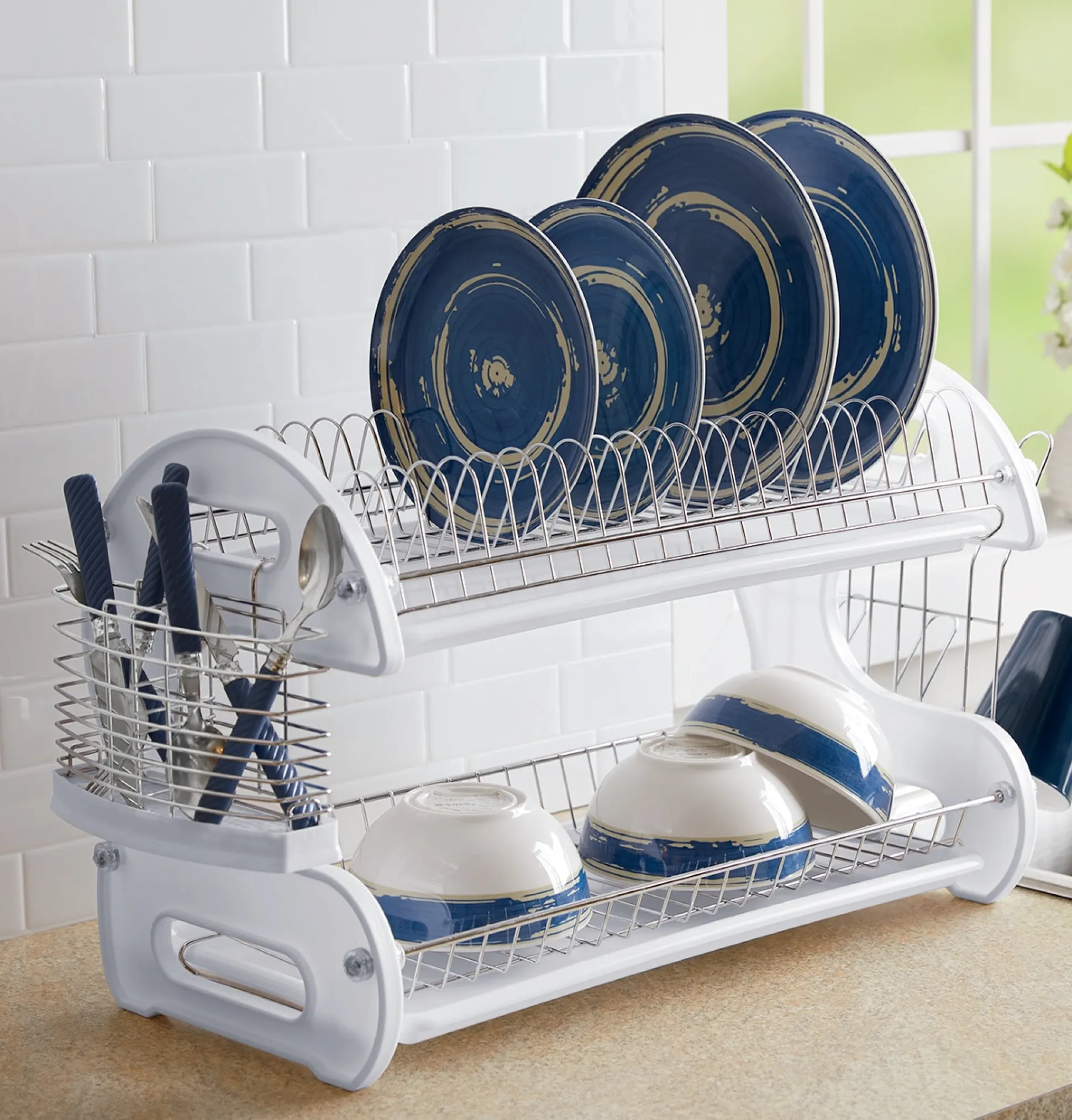 Space-Saving 2-Tier Dish Drying Rack with Utensil Holder