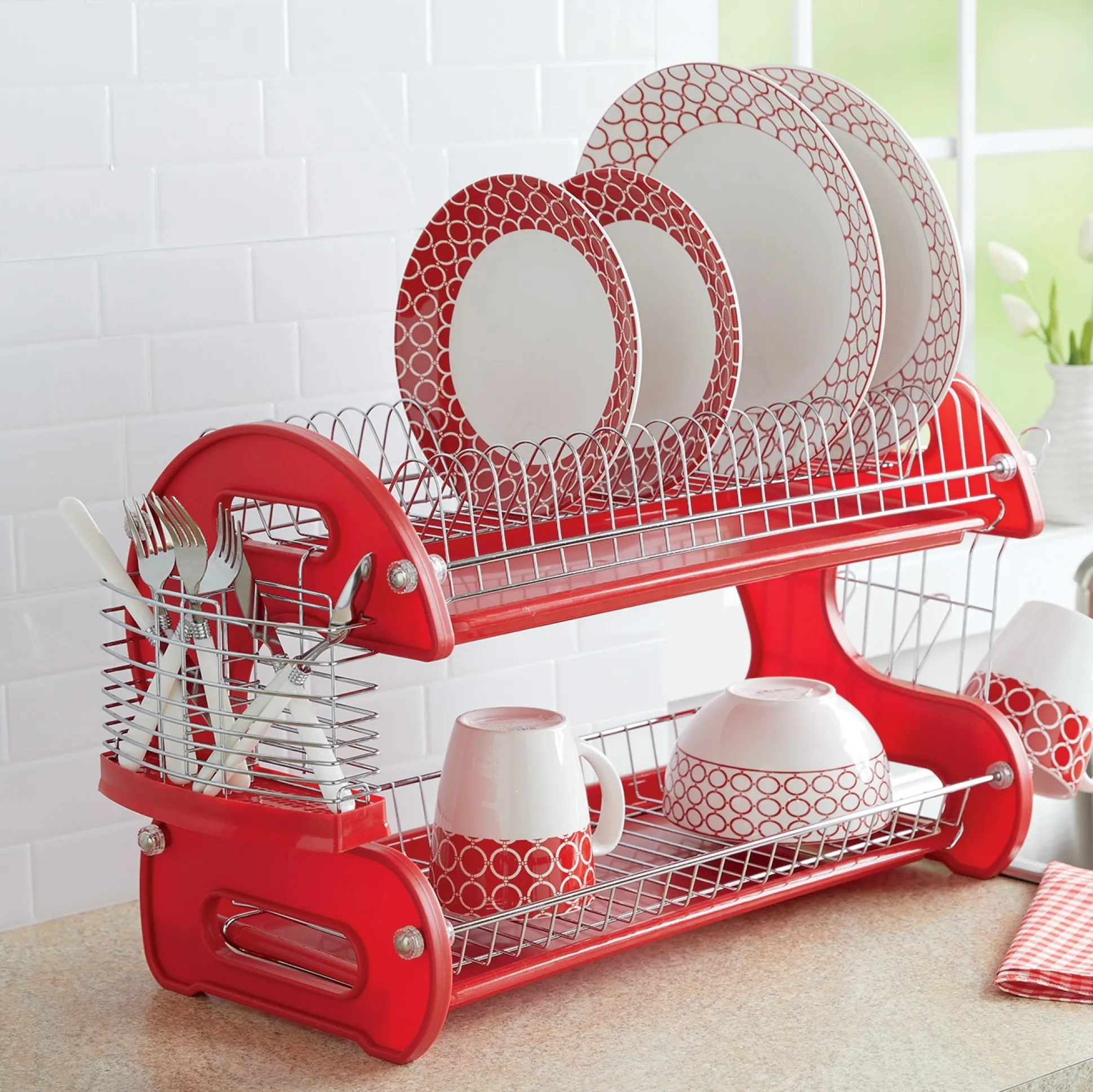 Space-Saving 2-Tier Dish Drying Rack with Utensil Holder