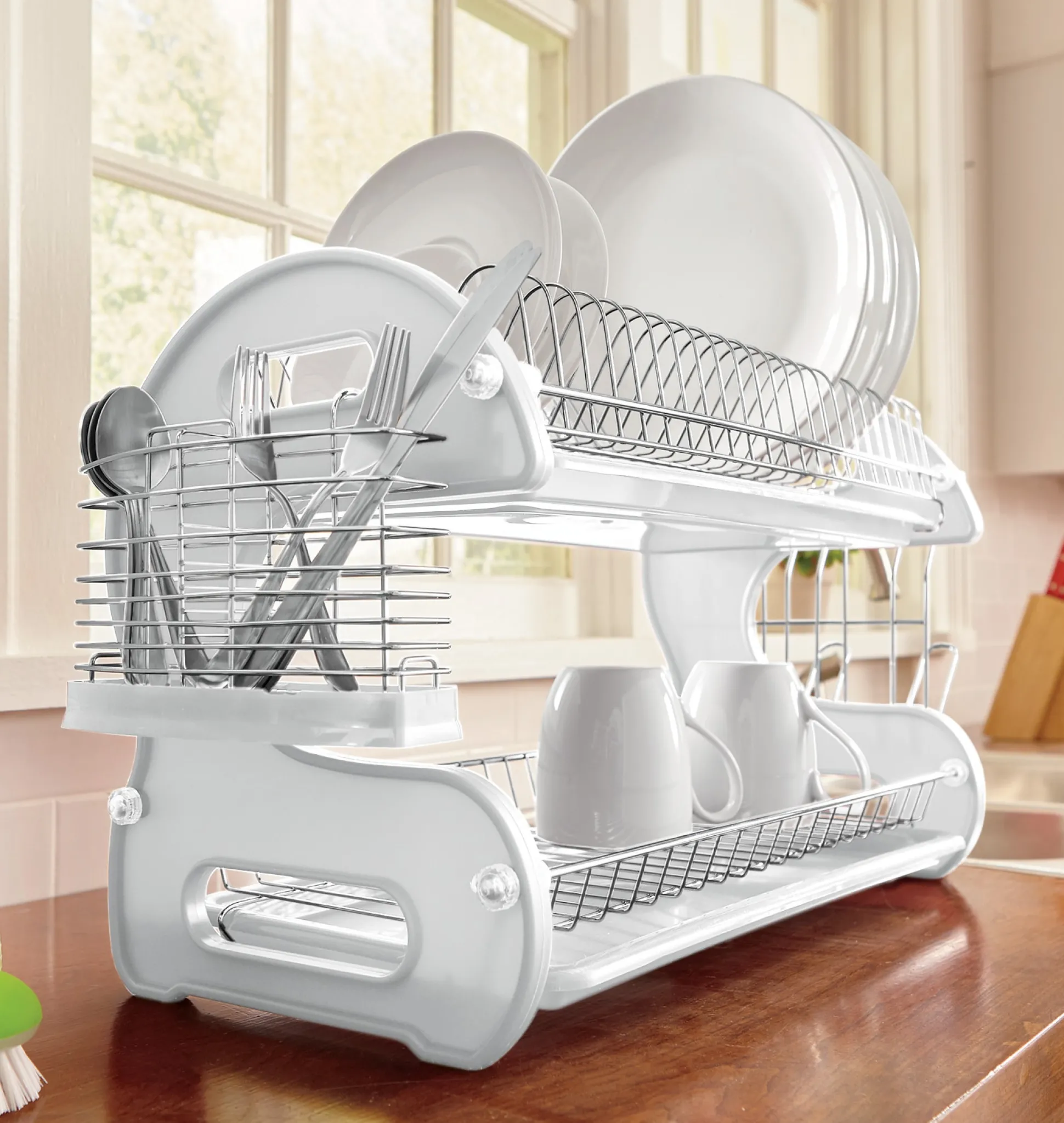 Space-Saving 2-Tier Dish Drying Rack with Utensil Holder
