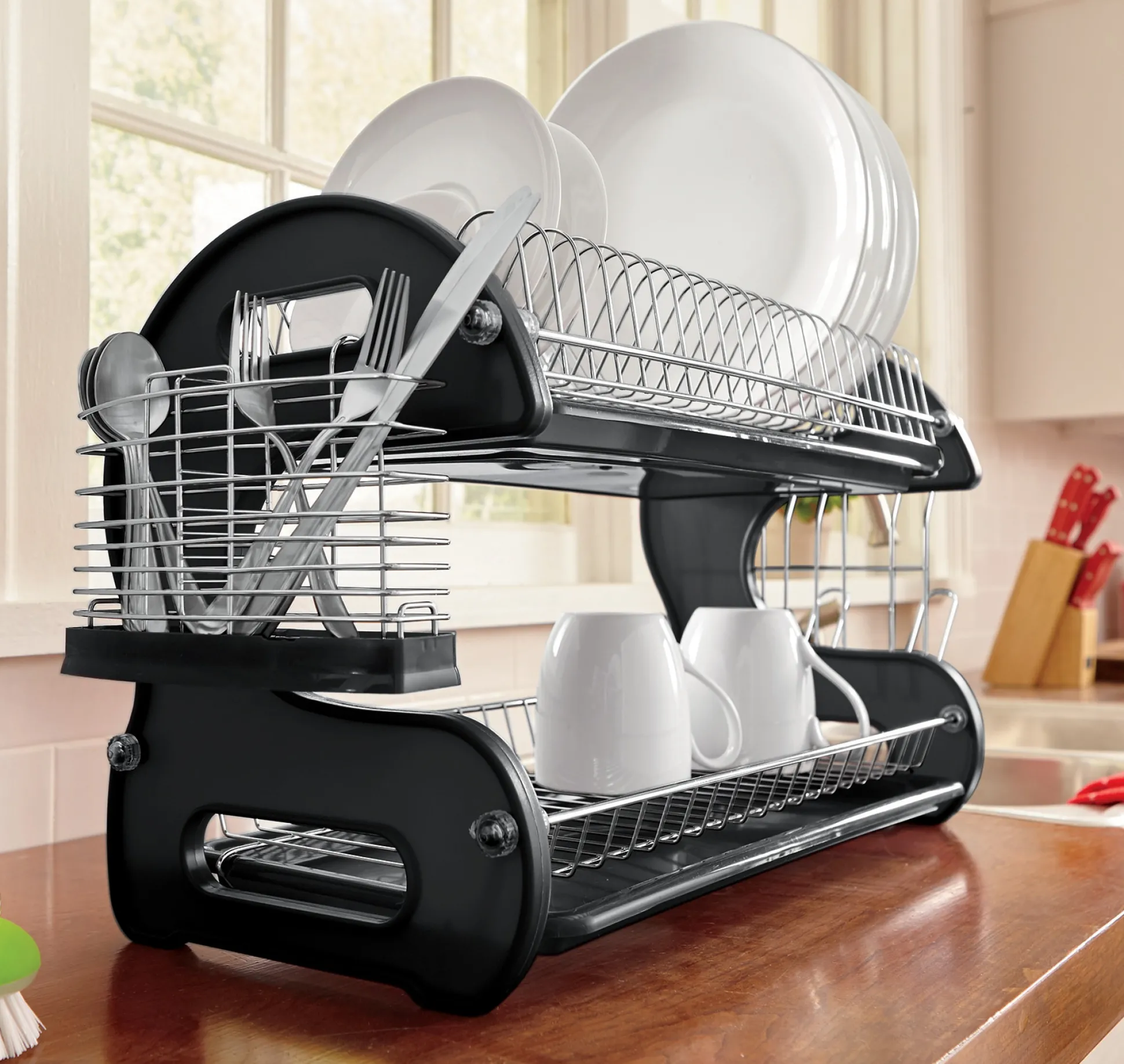 Space-Saving 2-Tier Dish Drying Rack with Utensil Holder