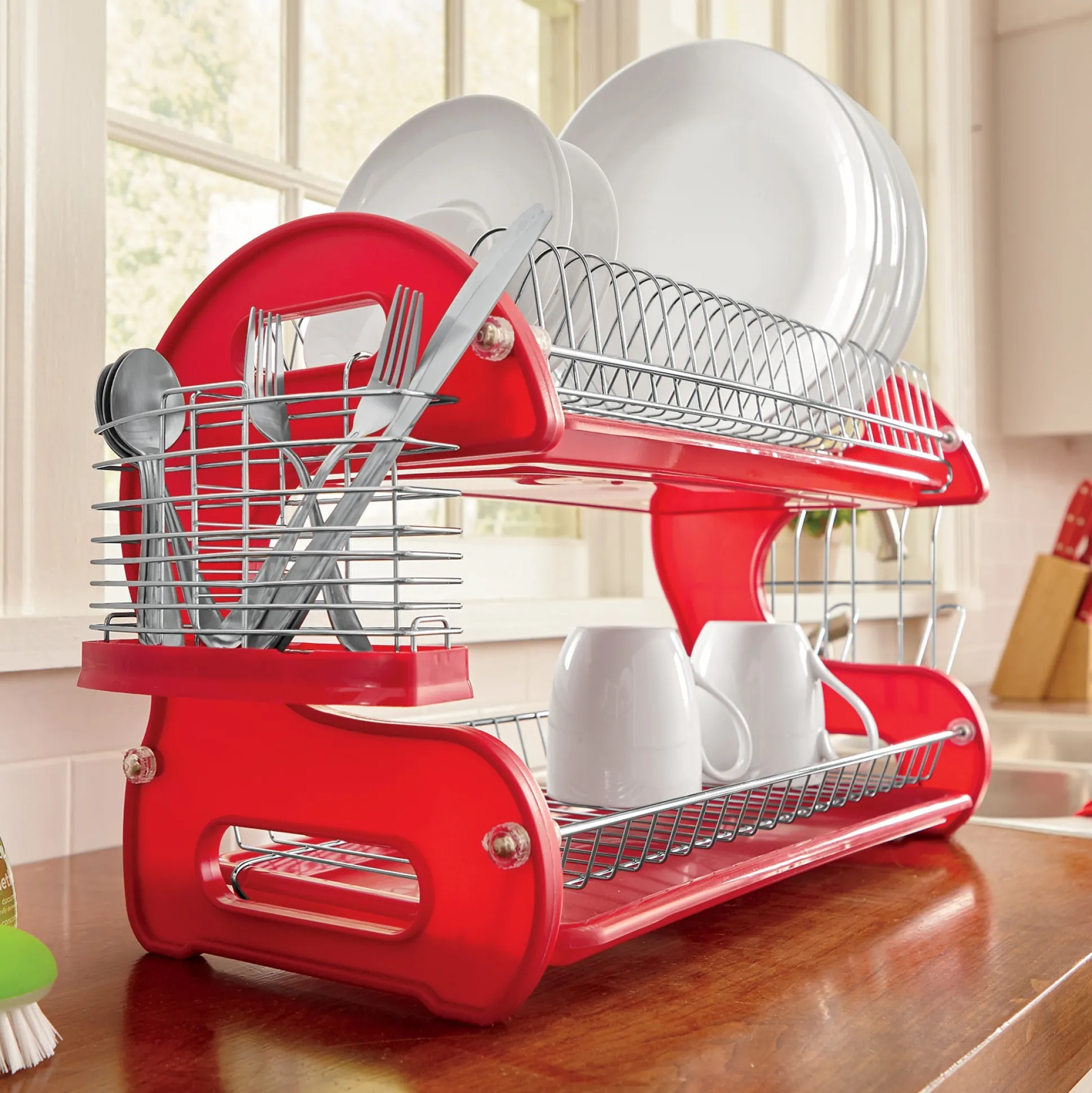 Space-Saving 2-Tier Dish Drying Rack with Utensil Holder