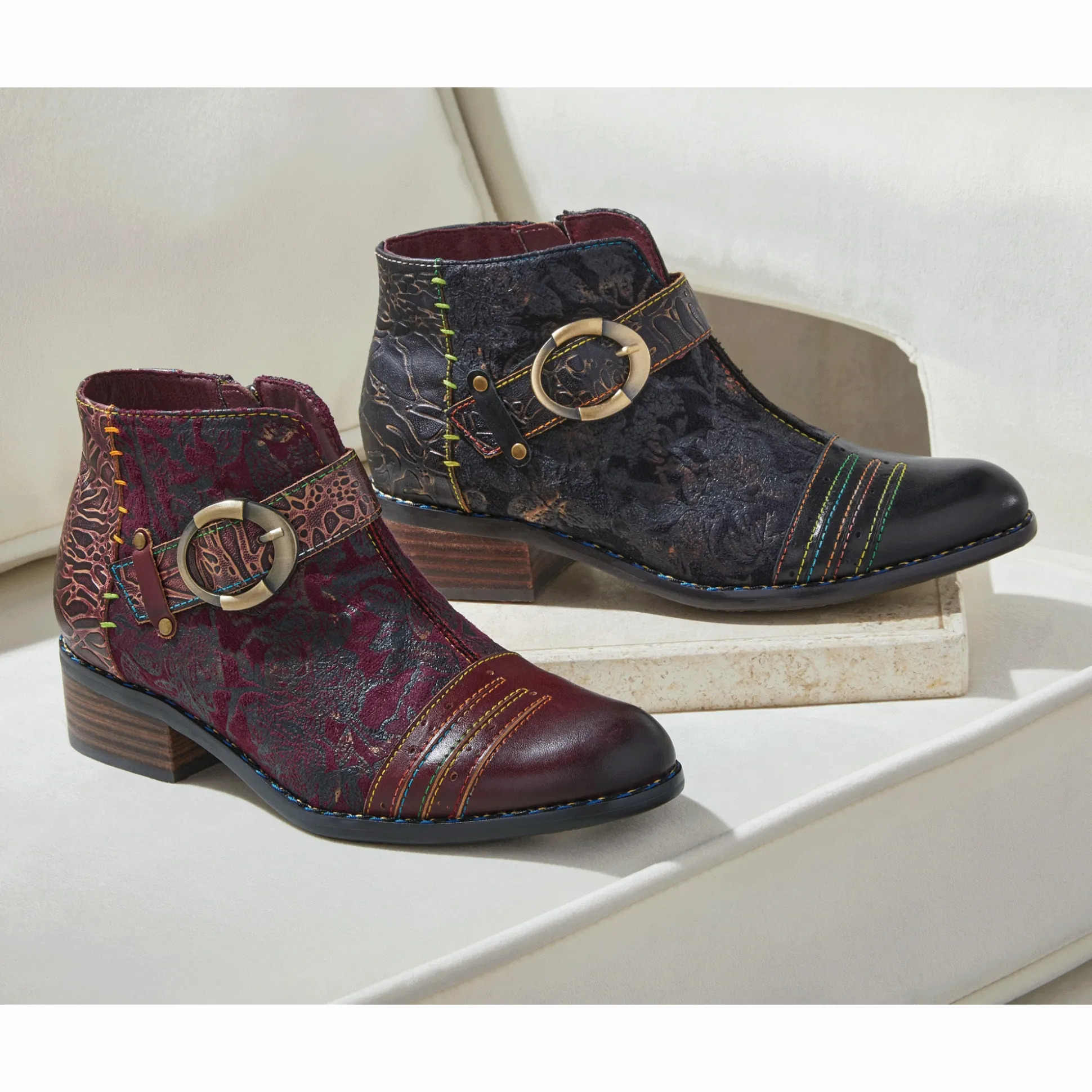 Spring Step Women's Georgiana Leather Buckle Bootie with Colorful Stitching